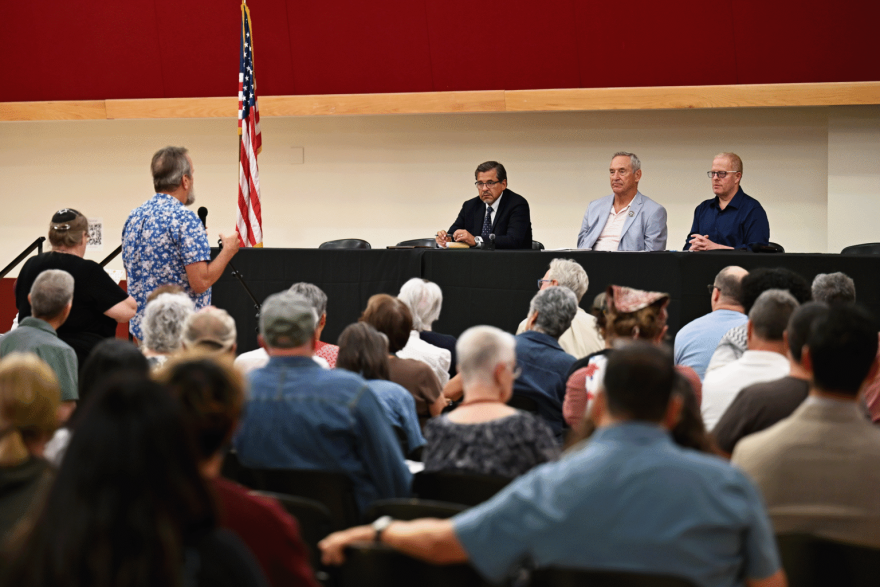 Residents of Doña Ana County speak on Aug. 11, 2026, about their frustrations with the massive Project Jupiter data center being built here, as Democratic state Sens. Joseph Cervantes, Bill Soules and Jeff Steinborn listen.