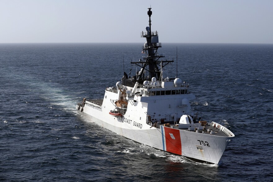 FILE - In this March 7, 2017 file photo, the U.S. Coast Guard cutter Stratton steams through the eastern Pacific Ocean. The U.S. Coast Guard is teaming up with the Mexican and Colombian navies off South America's Pacific coast to go after seafaring smugglers, opening a new front in the drug war. (AP Photo/Dario Lopez-Mills, File)