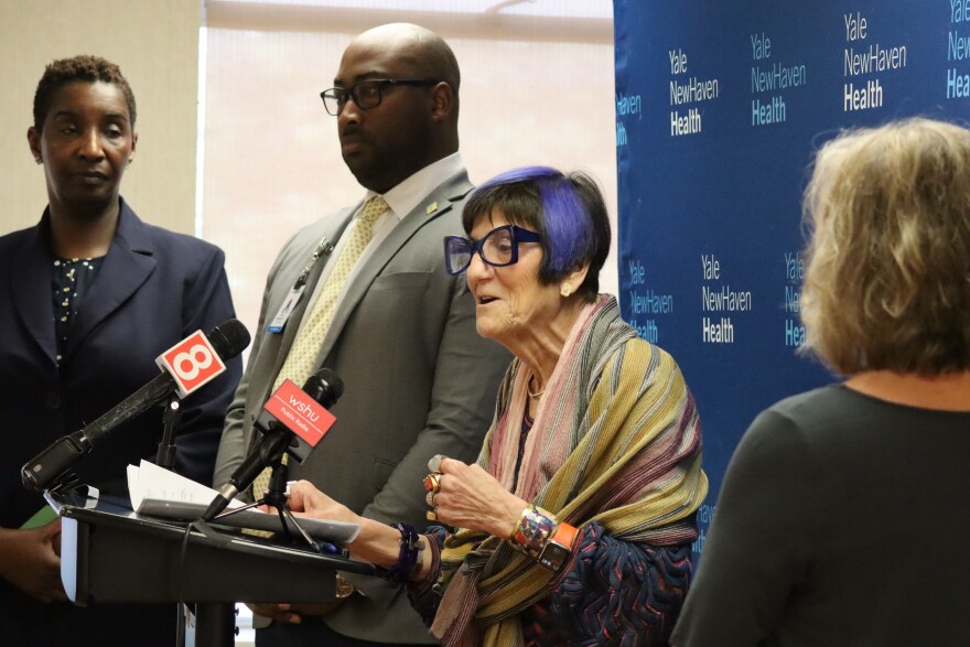 U.S. Rep. Rosa DeLauro (D-CT-5) talks about Medicaid changes at Yale New Haven Hospital. (L-R CT Department of Social Services Commissioner Andrea Baron Reeves, YNH Vice President Community, Corporate & Government Relations Paul Mounds Jr., DeLauro)