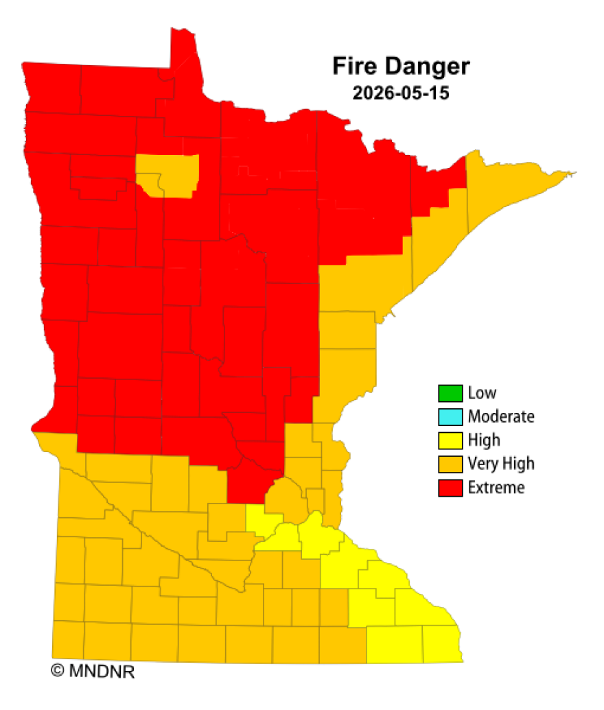 A map from the Minnesota Department of Natural Resources shows the fire danger in the state on May 15, 2026.