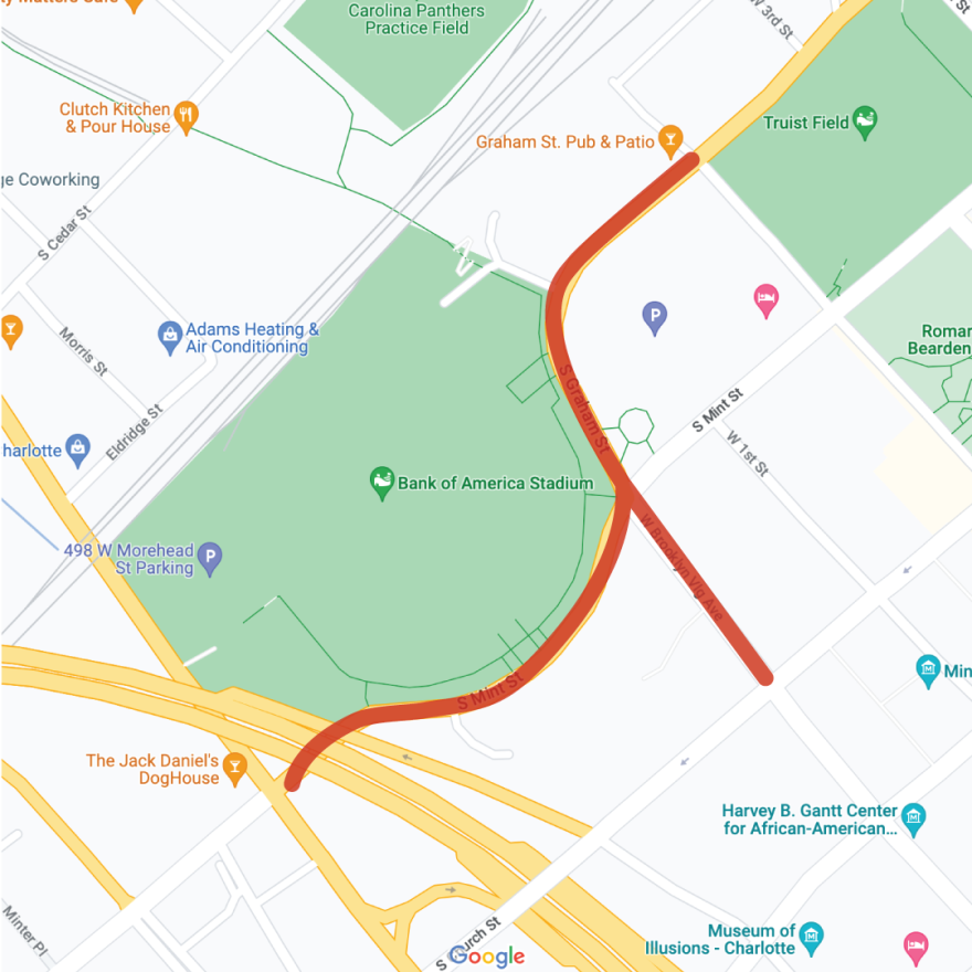 Starting at 9 a.m. Wednesday morning, there will be road closures, highlighted in red, in preparation for Beyoncé's Renaissance concert at Bank of America stadium.