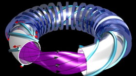 Stellarator machines have magnetic coils that loop around the plasma.