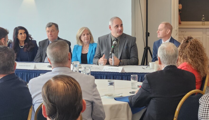 Brian Uplinger, superintendent of the Hazleton Area School District, speaks about the teacher shortage during a legislative breakfast at Luzerne County Community College on Friday.