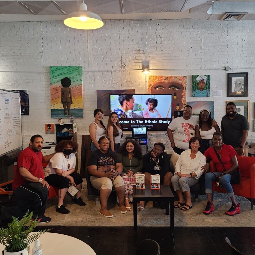 A gathering at The Ethnic Study in Springfield, Massachusetts, in May 2022 included students and educators, along with Simbrit Paskins and Stephany Marryshow. The students' stories appeared in a newly released book, "Dear Freedom Writer: Stories of Hardship and Hope from the Next Generation." 