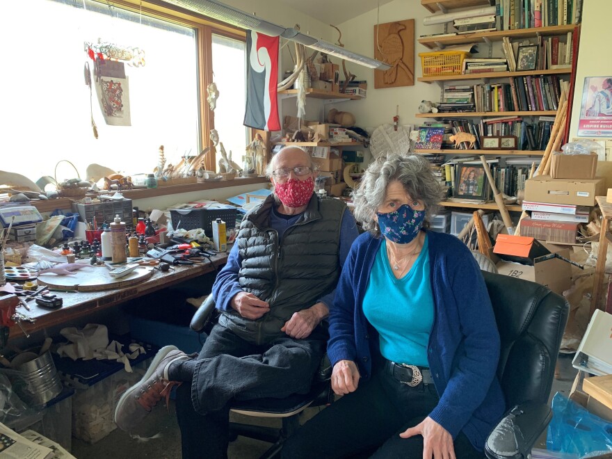 Lodgepole Art Gallery and Tipi Village owners Darrel Norman (left) and Angelika Harden-Norman in their home art studio. The Normans aren't rushing to get back to business. So far there have been no confirmed cases of COVID-19 on the reservation and they don't want to bring in the first case.