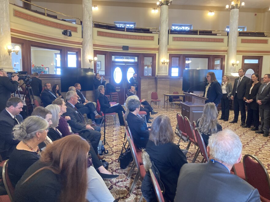 State Rep. Kim Abbott speaks to Democrats at the Capitol after being re-elected as House minority leader.