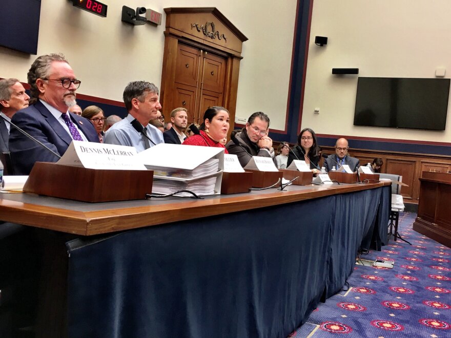 Alannah Hurley, center, asked Congress to intervene to block the Pebble Mine. Pebble CEO Tom Collier, left, was the only witness for the mine. Photo by Liz Ruskin