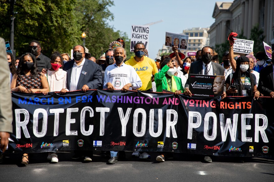 Thousands came to Washington for the March On For Voting Rights on Aug. 28, 2021. Martin Luther King III, the Rev. Al Sharpton, and Texas Rep. Sheila Jackson Lee are among those pictured.