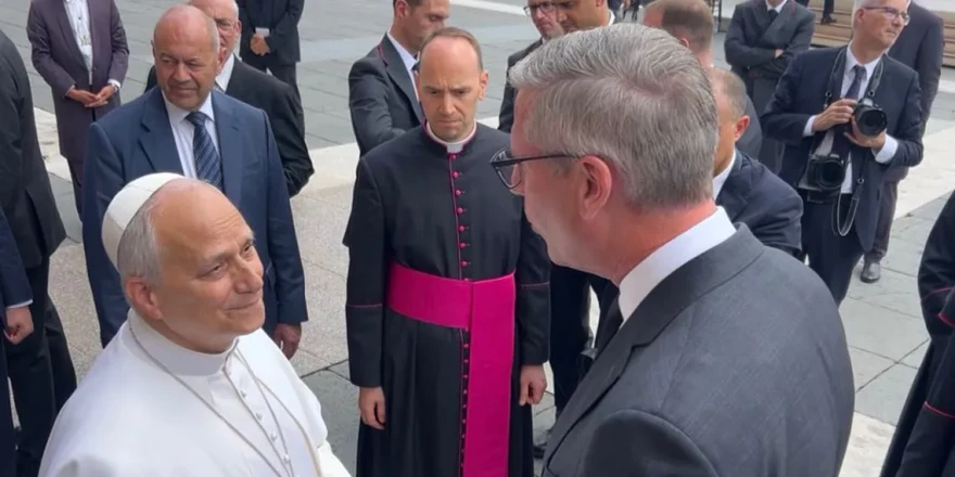 Pope Leo XIV speaks to Illinois State Treasurer Mike Frerichs in St. Peter's Square at The Vatican. Frerichs returned $8.65 of the Pope’s own money from the state’s unclaimed property system.