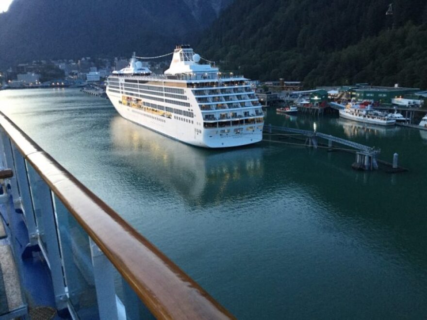 Mark Farley – an Ocean Ranger cruise ship monitor – shot this photo after the Coral Princess lost power and began to drift toward the Seven Seas Mariner (pictured) moored at Juneau’s AJ Dock. (Photo by Mark Farley/Ocean Ranger)