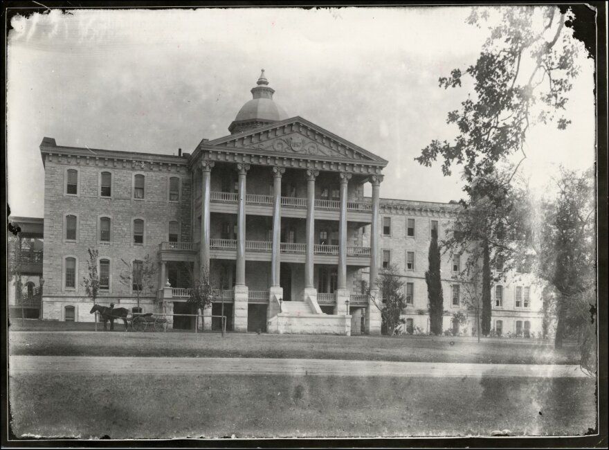 A historical photo of the main building of the Texas State Lunatic Asylum (Austin State Hospital)