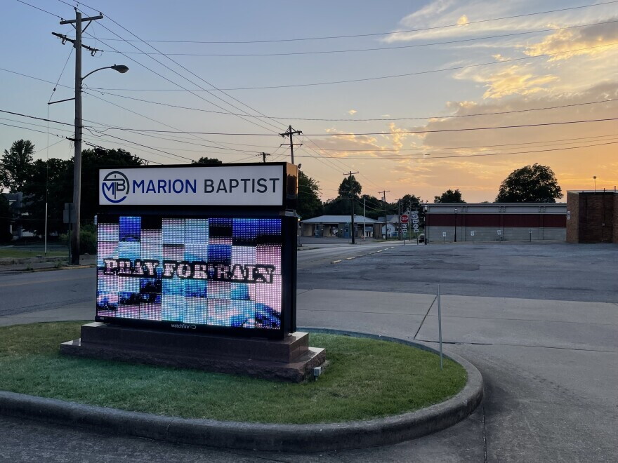 Signs from churches and businesses around Marion ask the community to pray for rain or to conserve water.