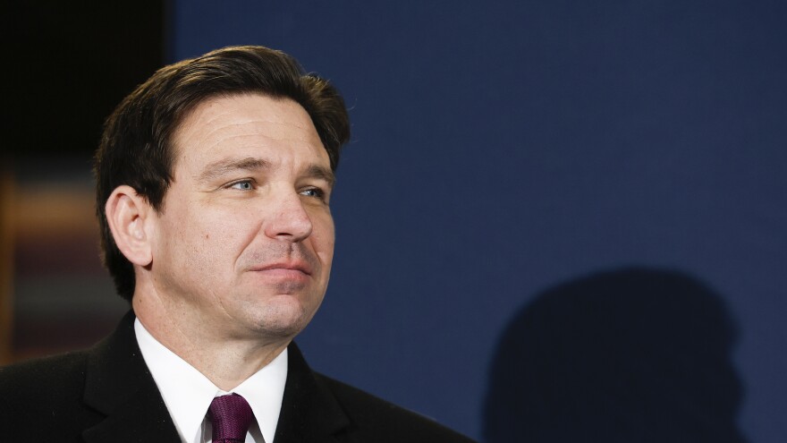 Florida Republican Gov. Ron DeSantis speaks at a campaign stop at Pub 52 on Jan. 15 in Sergeant Bluff, Iowa.