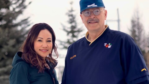 Alaska gubernatorial candidate Click Bishop pictured in Fairbanks with his newly-announced running mate, Greta Schuerch, on April 8, 2026.