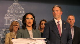 House Minority Leader Lisa Demuth and Senate Minority Leader Mark Johnson spoke at a press conference shortly after the legislative session ended on May 20, 2024. The GOP leaders denounced the 1,400 page omnibus bill, which they displayed on the podium and was passed by the Democratic majority in the closing moments of the 2024 legislative session.