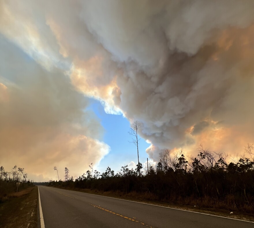 The Bertha Swamp Road Fire releases clouds of smoke over Streets Ferry Road in Calhoun County on Tuesday, March 8, 2022.