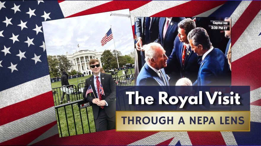 Pike County resident Vince Benedetto, left, stands outside the White House this week. On Tuesday he attended King Charles III's joint address to Congress as the guest of U.S. Rep. Rob Bresnahan. Fellow Rep. Dan Meuser, right, shakes hands with the British monarch in Congress.