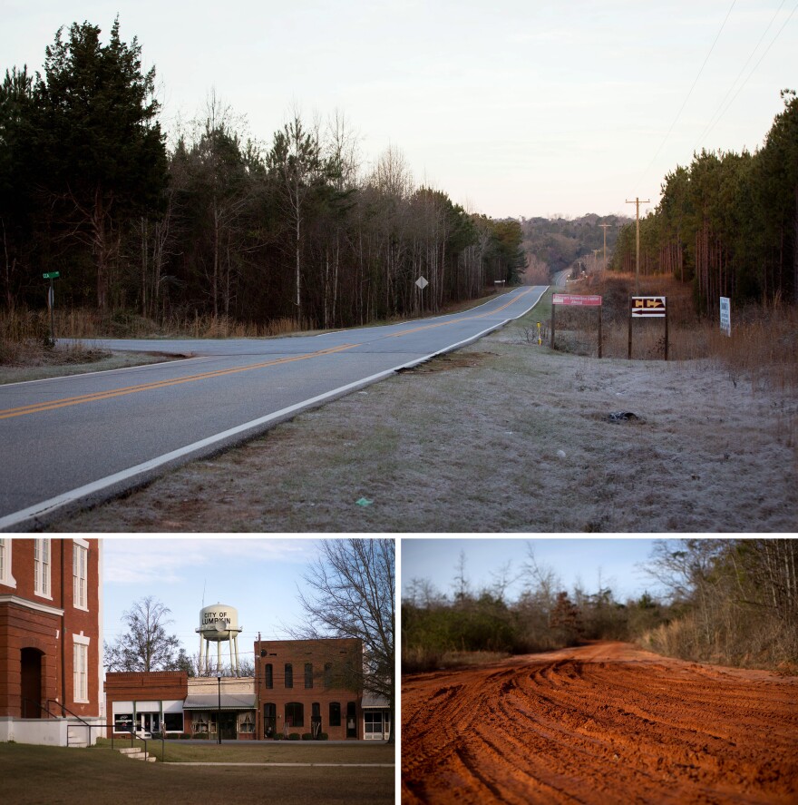 (Top) Signs point to the entrance to the Stewart Detention Center. (Bottom) Scenes from the town of Lumpkin, Ga.