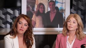 Lonna Drewes joins her lawyer Lisa Bloom at a news conference in Beverly Hills, Calif., Tuesday, April 14, 2026, to detail allegations of sexual misconduct by Rep. Eric Swalwell, after Swalwell exited the California governor's race and said he'll resign his seat in Congress. (Damian Dovarganes/AP)