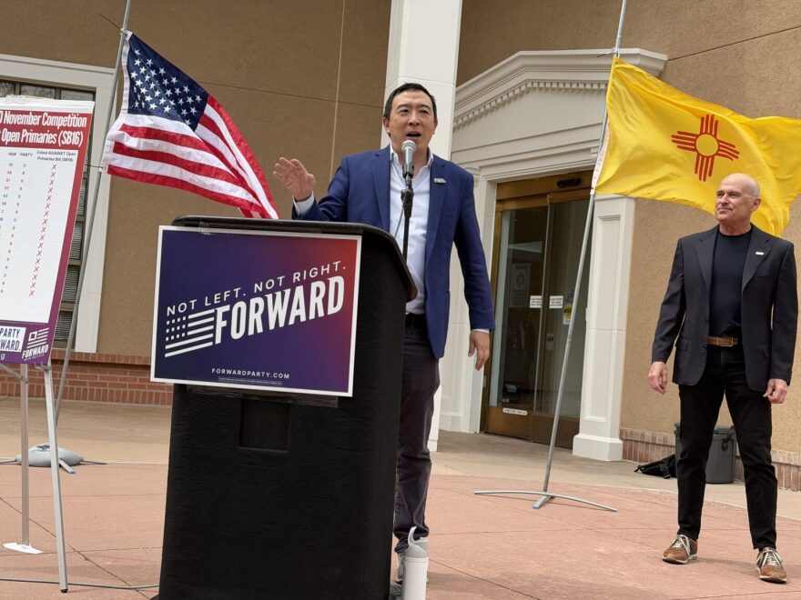 Former presidential candidate Andrew Yang and state NM Forward Party Chair Bob Perls stood outside the Roundhouse on April 10, 2026, to announce the creation of the New Mexico Forward Party.