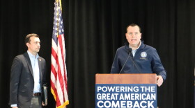 Kentucky Attorney General Russell Coleman, right, and U.S. Environmental Protection Agency Deputy Administrator David Fotouhi came to Louisville in February to announce a rollback of Biden administration emissions rules.