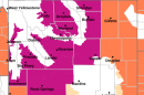 A map of Wyoming shows areas under an extreme heat warning. Most of the state is highlighted.