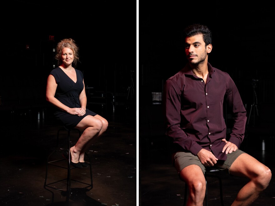 Laura Shatkus, associate director of <em>10,000 Balconies,</em> and Mohamad Alrefai, actor and cultural consultant for the play, sit at TheatreSquared.