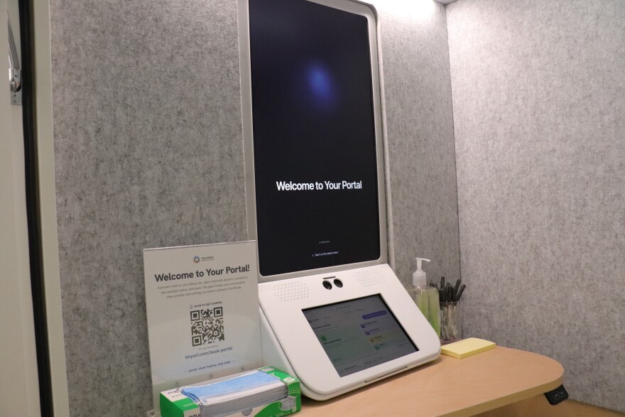 A screen greets people in the portal at the Kingfisher Memorial Library. There are a couple of other programs using libraries to expand internet access including the Hotspot Lending Program and some libraries have designated rooms for telehealth appointments.