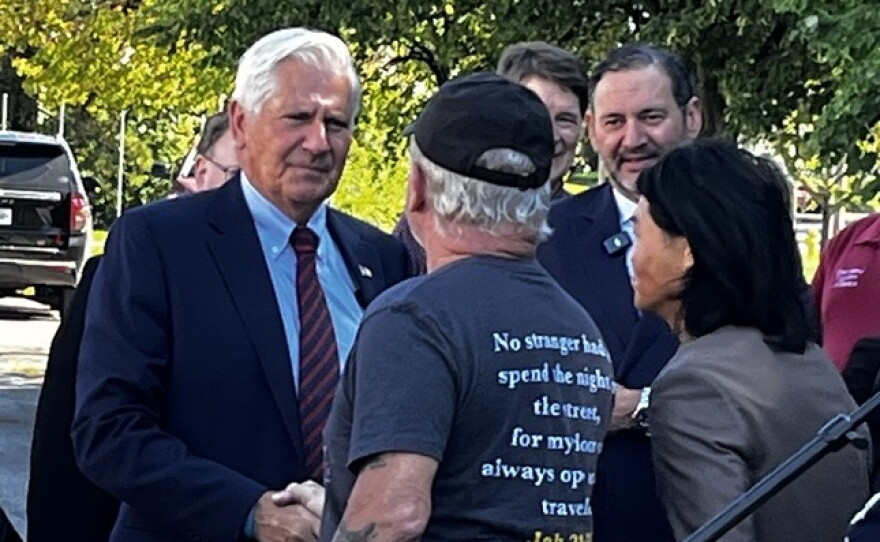 Nassau County Executive Bruce Blakeman, the Republican candidate for New York governor, greets Rick Sabourin of Hamlin on Sept. 18, 2026, in Greece before holding a news conference.
