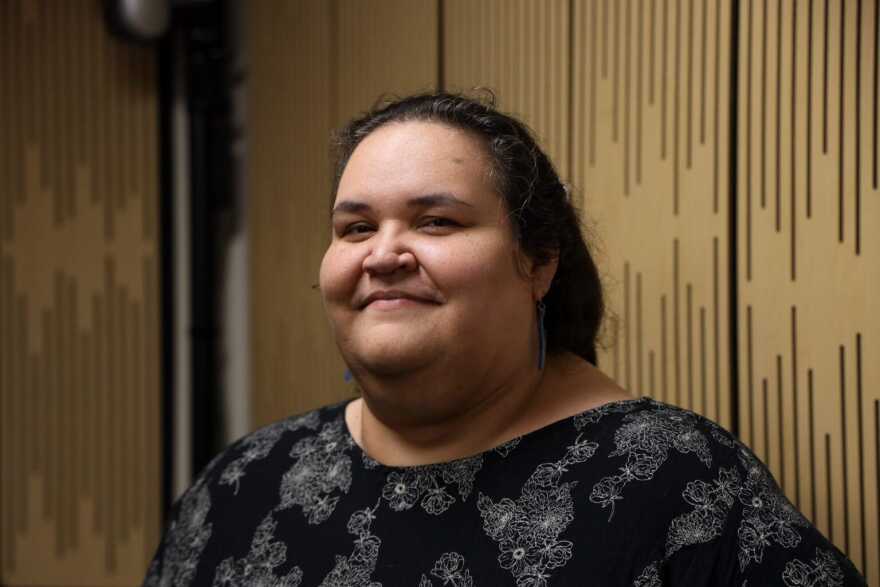 Vera Starbard poses in a KTOO studio in Juneau on Nov. 24, 2025. 