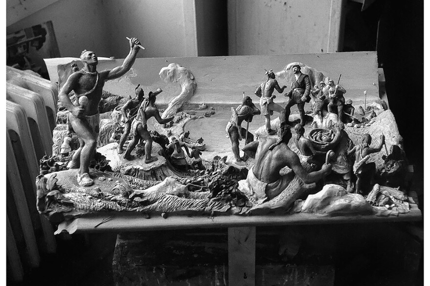 An early clay model of the main figures helped Benton determine the composition and perspective of the mural. Photograph © Michael Mardikes 2021