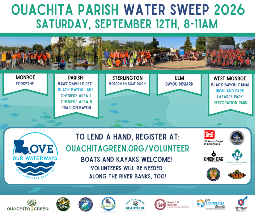 Image of a flyer displaying where each Ouachita Parish Water Sweep 2026 will be held on Saturday, September 12th, from 8:00 to 11:00 a.m. 