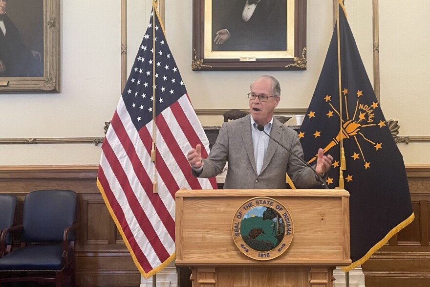 Indiana Gov. Mike Braun holds a news conference in his Statehouse office on Monday, March 9, 2026.