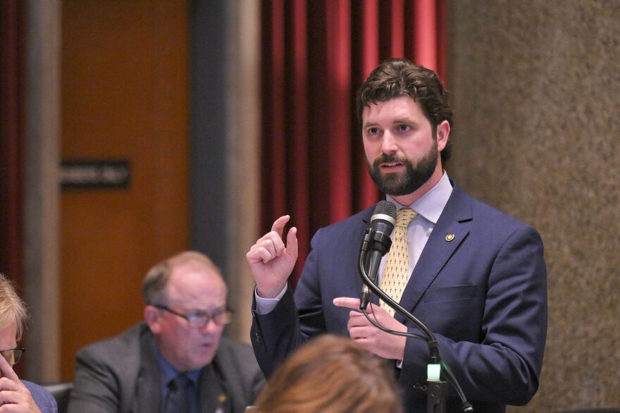 Missouri state Rep. Bishop Davidson, a Republican from Republic, presents his K-12 physical activity bill on the Missouri House floor March 23, 2026.