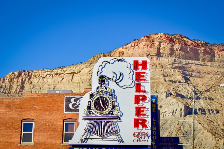 Neon sign for the city offices in downtown Helper, Utah, March 20, 2023.