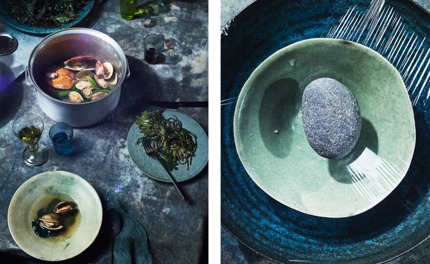 <em>Left: </em>Mollusks in broth with mustard greens. Mustard greens are hardy plants that could withstand climate fluctuations. <em>Right: </em>A DIY method for desalinating ocean water for cooking and drinking.
