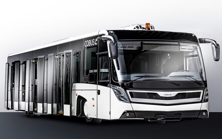 A COBUS 3000 bus designed to transport people from planes to the terminal.