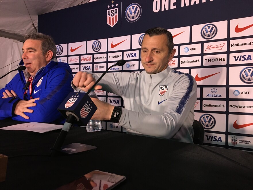 Vlatko Andonovski prepares to answer questions from the media after his first match as the coach of the US Women's National Team.