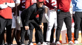 Alabama head coach Kalen DeBoer watches from the sideline during the first half an NCAA college football game against Tennessee, Saturday, Oct. 17, 2026, in Knoxville, Tenn. (AP Photo/Wade Payne)
