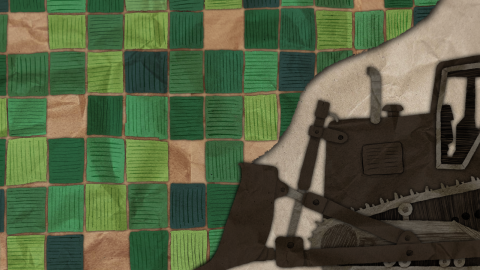 An illustration of a gray and black bulldozer. The equipment is coming into the frame from the right. The rest of the illustration is a drawn bird's eye field of farm fields. The bulldozer is pushing the quilt of farmland. 