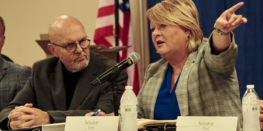 State Sen. Terri Bryant speaks Wednesday during a hearing in Du Quoin held by the Illinois Commission on Government Forecasting and Accountability regarding the proposed closure of the Du Quoin Impact Program.