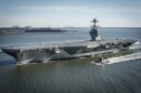 In this photo provided by the U.S. Navy, the USS Gerald R. Ford embarked on the first of its sea trials to test various state-of-the-art systems on its own power for the first time Saturday, April 8, 2017, from Newport News, Va. The first of the Navy's new class of aircraft carriers will spend several days conducting builder's sea trials, a comprehensive test of many of the ship's key systems and technologies. (Mass Communication Specialist 2nd Class Ridge Leoni/U.S. Navy via AP)