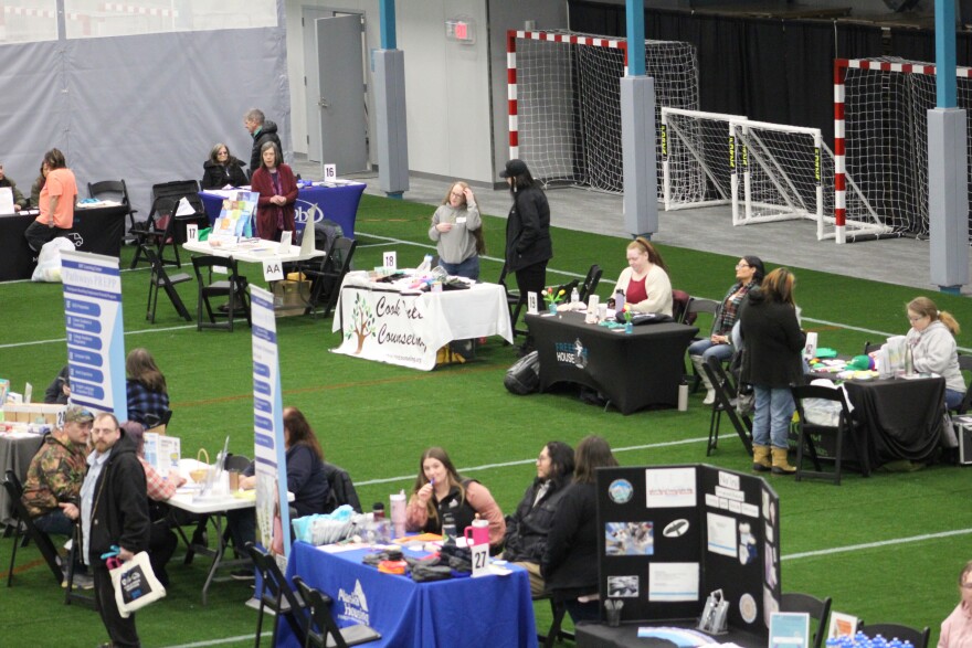 Vendors participate in an annual Project Homeless Connect event on Tuesday, Jan. 27, 2026 in Soldotna, Alaska.