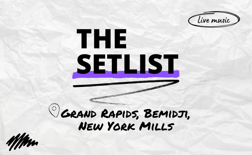"The Setlist" and "Grand Rapids, Bemidji, New York Mills" written over a crumpled paper background.