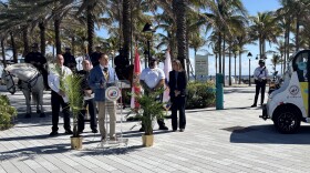 Fort Lauderdale Mayor Dean Trantalis stands at the podium as city and public safety officials announce their 2025 spring break regulations at the Las Olas Oceanside Park on Wednesday, Feb. 26, 2025.