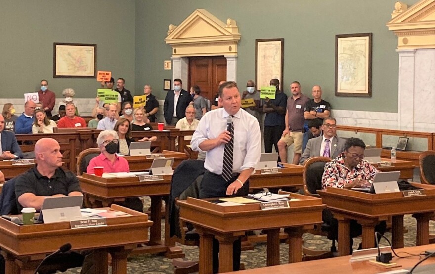 County legislature Democratic Floor Leader Chris Ryan speaks at a session earlier last month where lawmakers voted on the aquarium.