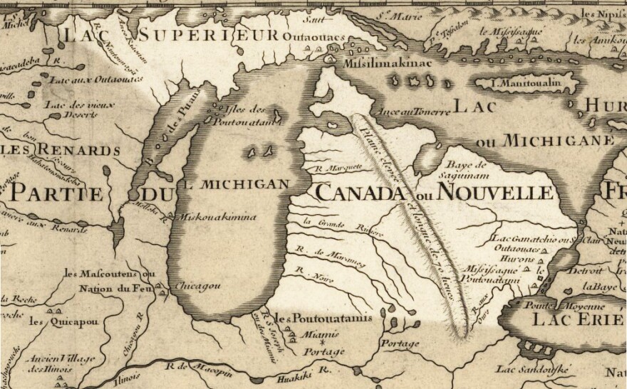 This map from 1718 highlights the approximate area that would become Michigan. From "Carte de la Louisiane et du cours du Mississipi" by Guillame de L'Isle