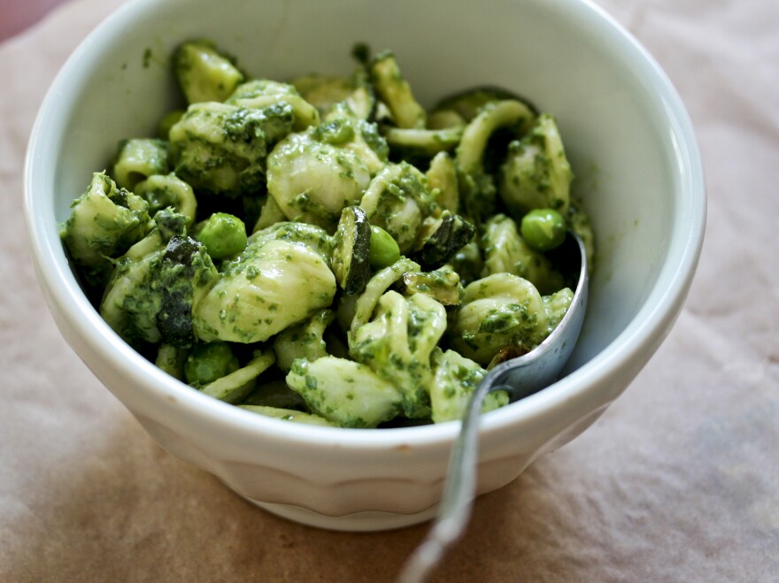 Pasta with Basil-Yogurt Sauce, Peas and Zucchini