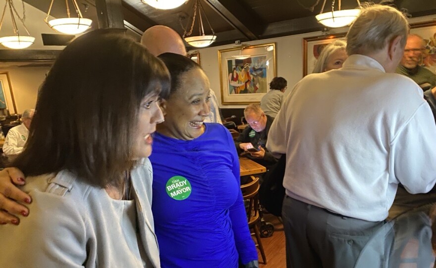Dan Brady supporters Crystal Howard and Marinna Metoyer look excitedly at the first returns showing Brady off to a strong start. Metoyer, the chief public defender in Livingston County, says she’s known Brady for a long time and is confident he’ll win.