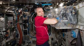 NASA astronaut Drew Feustel conducts science operations inside the Multi-use Variable-g Platform Module which enables research into how small organisms such as fruit flies, flatworms, plants, fish, cells, protein crystals and many others adapt to different types of gravity scenarios.